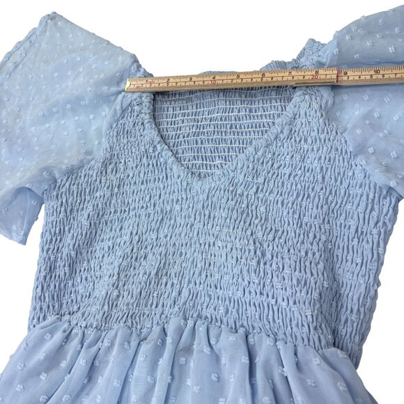 Smocked Bodice Blue Swiss Dot Maxi Dress With V-Back & Flutter Sleeves - Picture 4 of 8